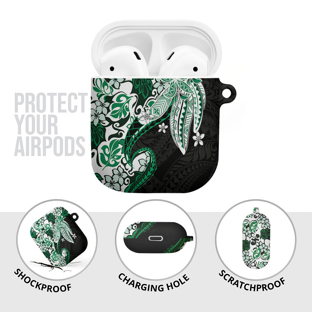 Monstera Plumeria Flowers Green AirPods Case Polynesian Pattern