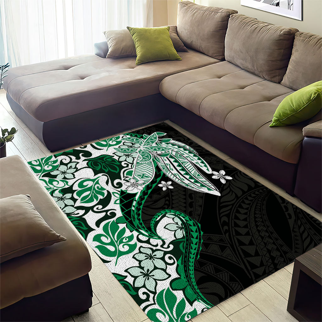 Monstera Plumeria Flowers Green Area Rug Polynesian Pattern