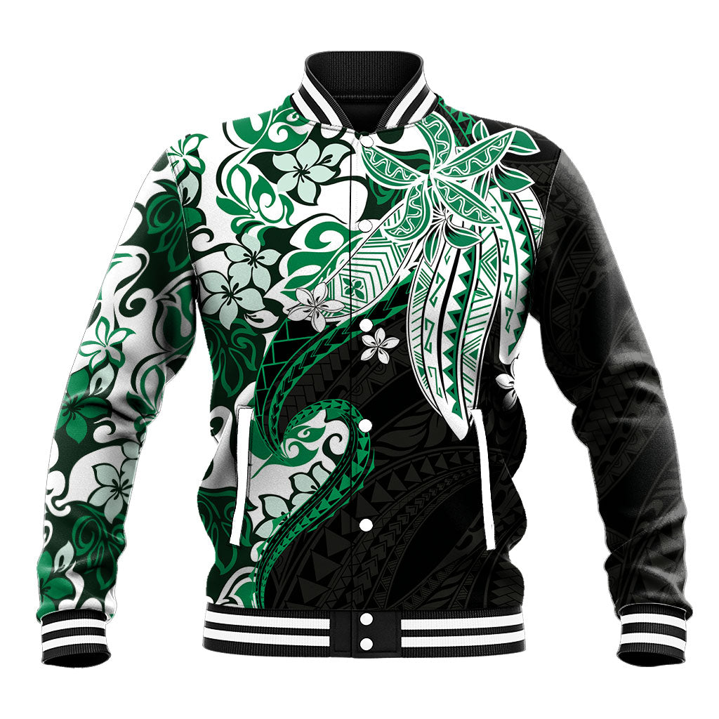 Monstera Plumeria Flowers Green Baseball Jacket Polynesian Pattern