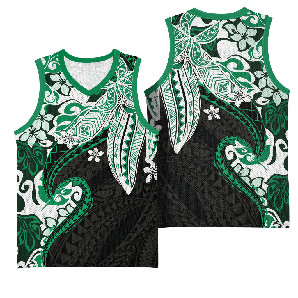 Monstera Plumeria Flowers Green Basketball Jersey Polynesian Pattern