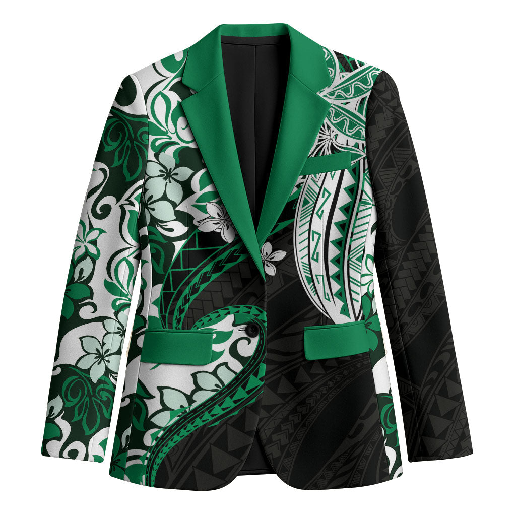 Monstera Plumeria Flowers Green Blazer Polynesian Pattern