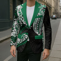 Monstera Plumeria Flowers Green Blazer Polynesian Pattern