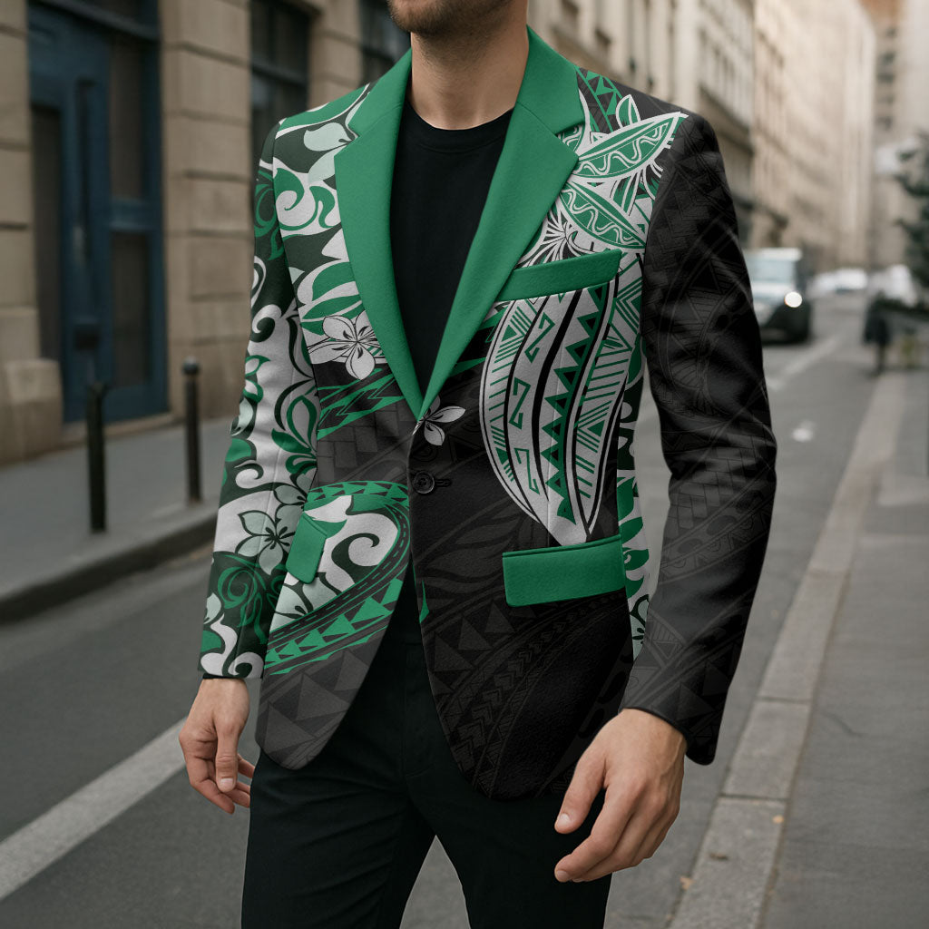 Monstera Plumeria Flowers Green Blazer Polynesian Pattern