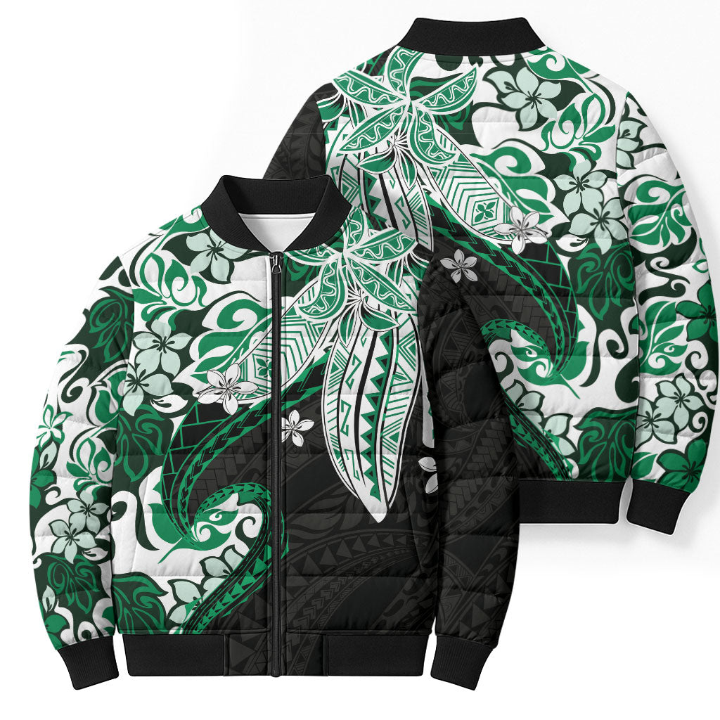 Monstera Plumeria Flowers Green Bomber Puffer Jacket Polynesian Pattern