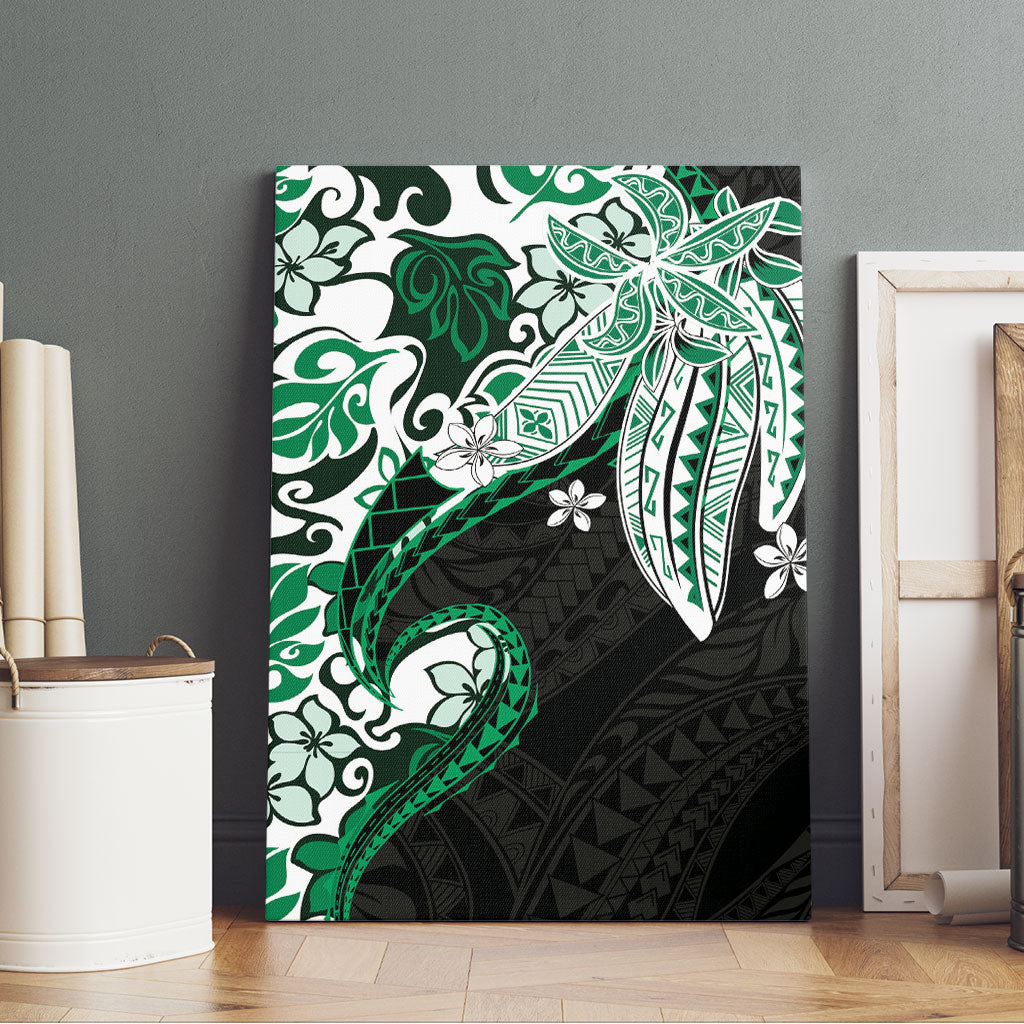 Monstera Plumeria Flowers Green Canvas Wall Art Polynesian Pattern