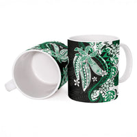 Monstera Plumeria Flowers Green Ceramic Mug Polynesian Pattern