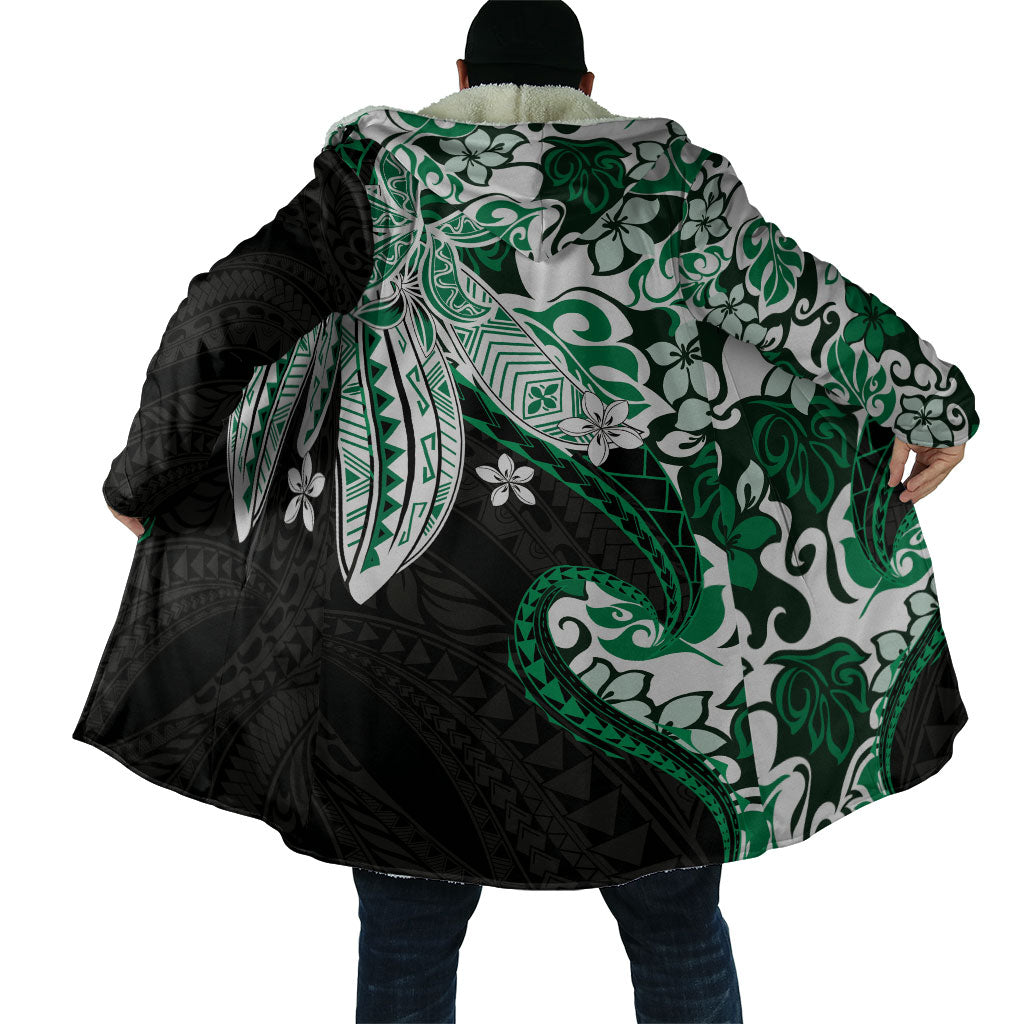 Monstera Plumeria Flowers Green Cloak Polynesian Pattern
