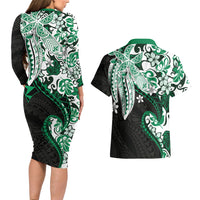 Monstera Plumeria Flowers Green Couples Matching Long Sleeve Bodycon Dress and Hawaiian Shirt Polynesian Pattern