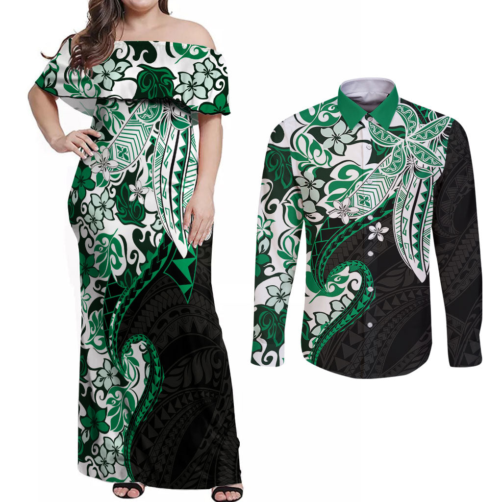 Monstera Plumeria Flowers Green Couples Matching Off Shoulder Maxi Dress and Long Sleeve Button Shirt Polynesian Pattern