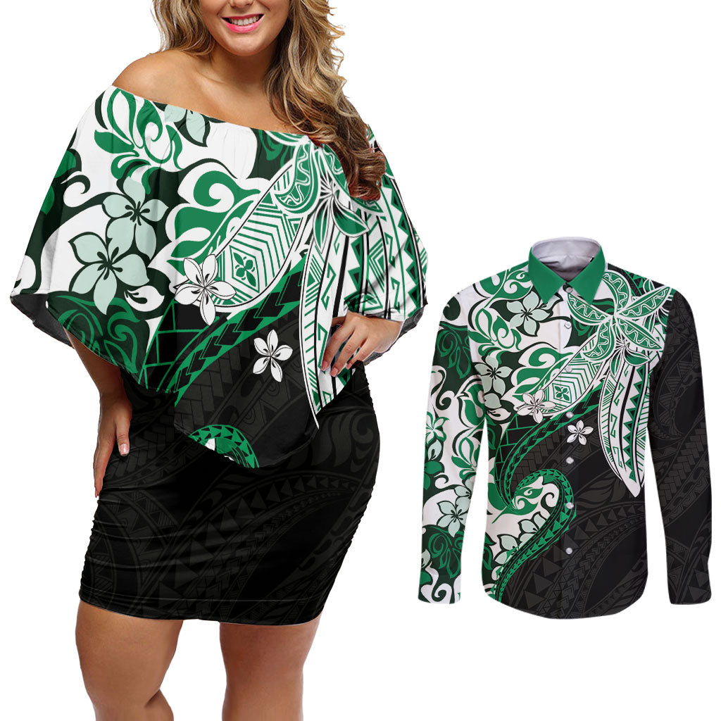 Monstera Plumeria Flowers Green Couples Matching Off Shoulder Short Dress and Long Sleeve Button Shirt Polynesian Pattern LT01 Green - Polynesian Pride