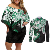 Monstera Plumeria Flowers Green Couples Matching Off Shoulder Short Dress and Long Sleeve Button Shirt Polynesian Pattern LT01 Green - Polynesian Pride