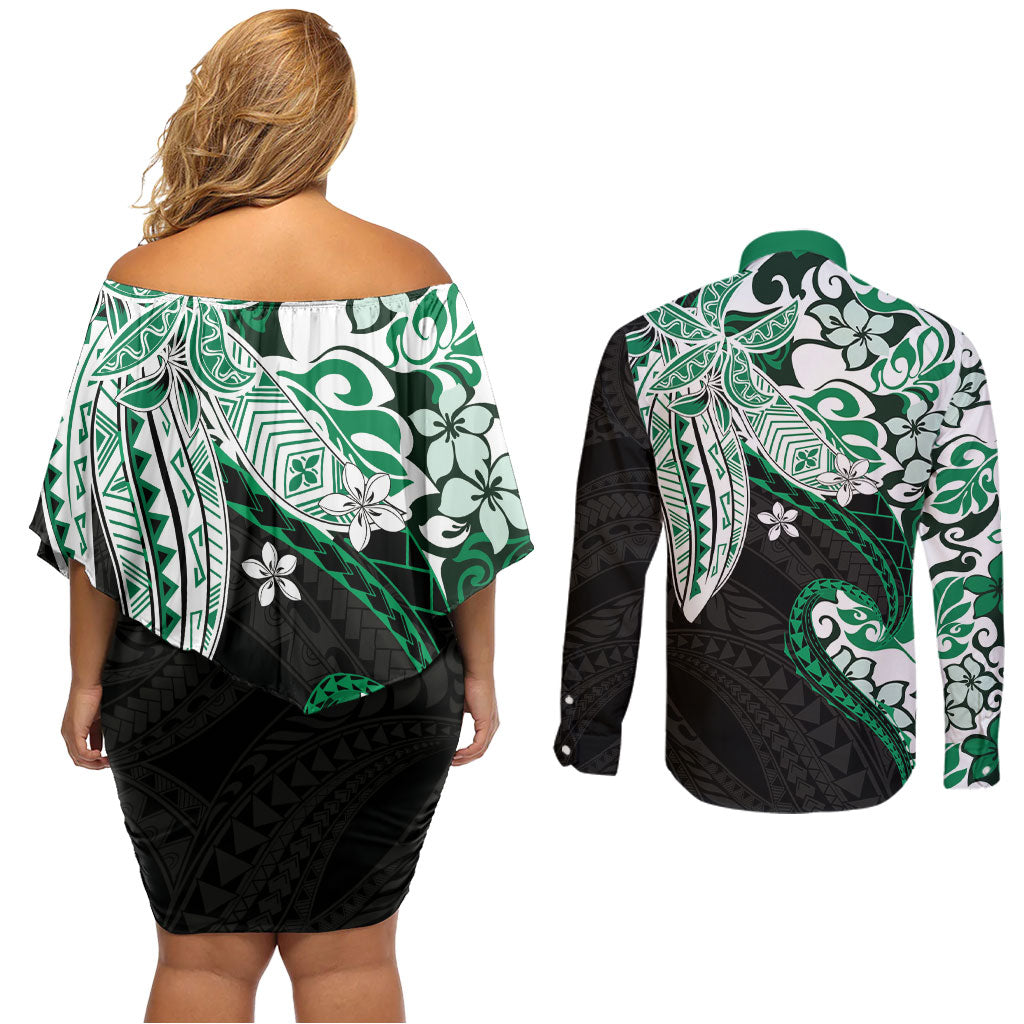 Monstera Plumeria Flowers Green Couples Matching Off Shoulder Short Dress and Long Sleeve Button Shirt Polynesian Pattern LT01 - Polynesian Pride