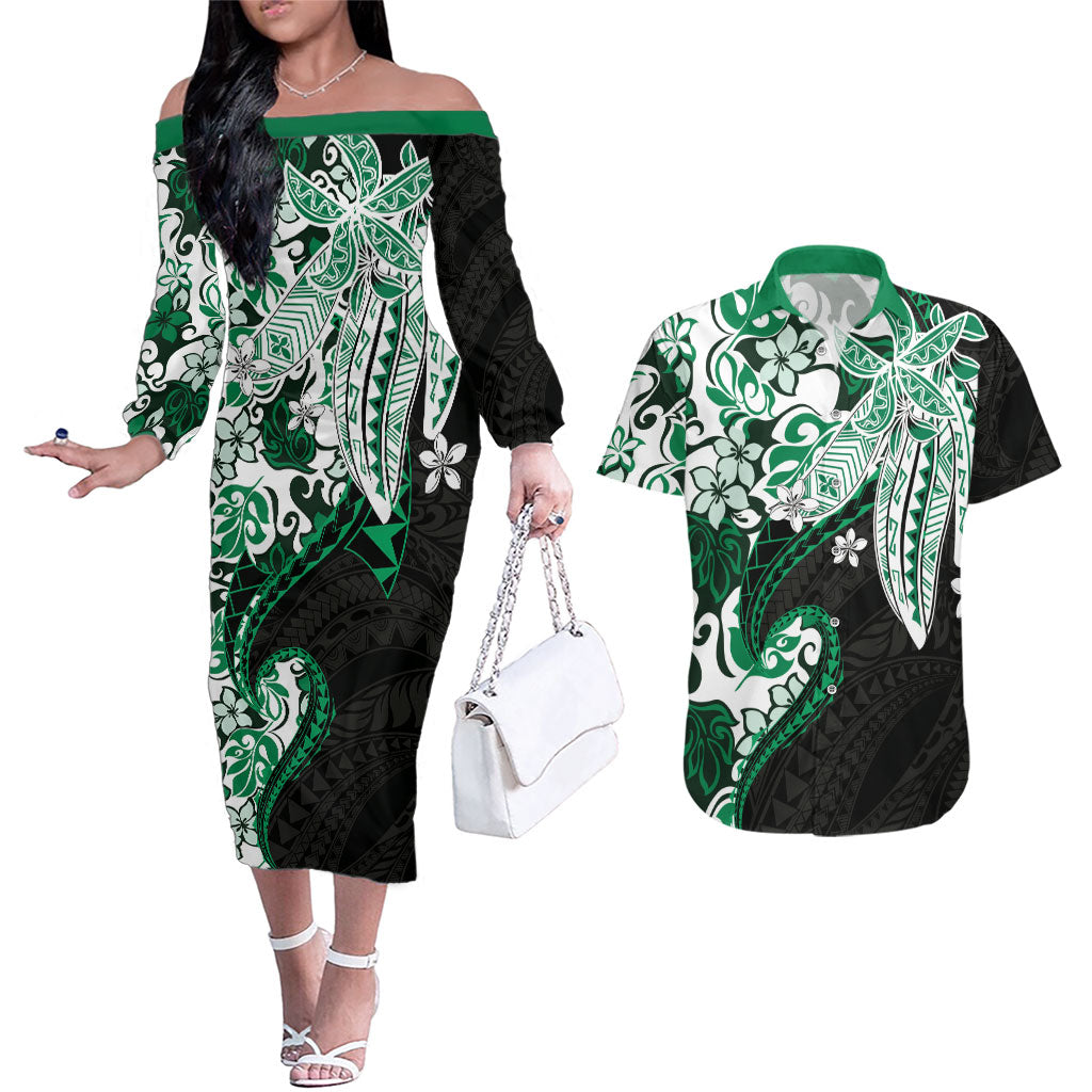 Monstera Plumeria Flowers Green Couples Matching Off The Shoulder Long Sleeve Dress and Hawaiian Shirt Polynesian Pattern