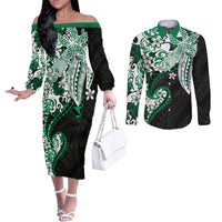 Monstera Plumeria Flowers Green Couples Matching Off The Shoulder Long Sleeve Dress and Long Sleeve Button Shirt Polynesian Pattern