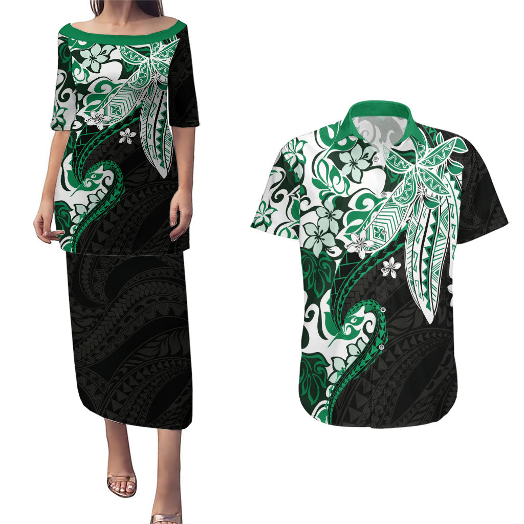 Monstera Plumeria Flowers Green Couples Matching Puletasi and Hawaiian Shirt Polynesian Pattern