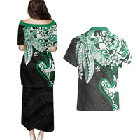 Monstera Plumeria Flowers Green Couples Matching Puletasi and Hawaiian Shirt Polynesian Pattern
