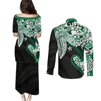 Monstera Plumeria Flowers Green Couples Matching Puletasi and Long Sleeve Button Shirt Polynesian Pattern
