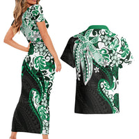 Monstera Plumeria Flowers Green Couples Matching Short Sleeve Bodycon Dress and Hawaiian Shirt Polynesian Pattern