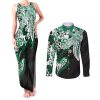Monstera Plumeria Flowers Green Couples Matching Tank Maxi Dress and Long Sleeve Button Shirt Polynesian Pattern