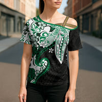 Monstera Plumeria Flowers Green Cross Shoulder Shirt Polynesian Pattern