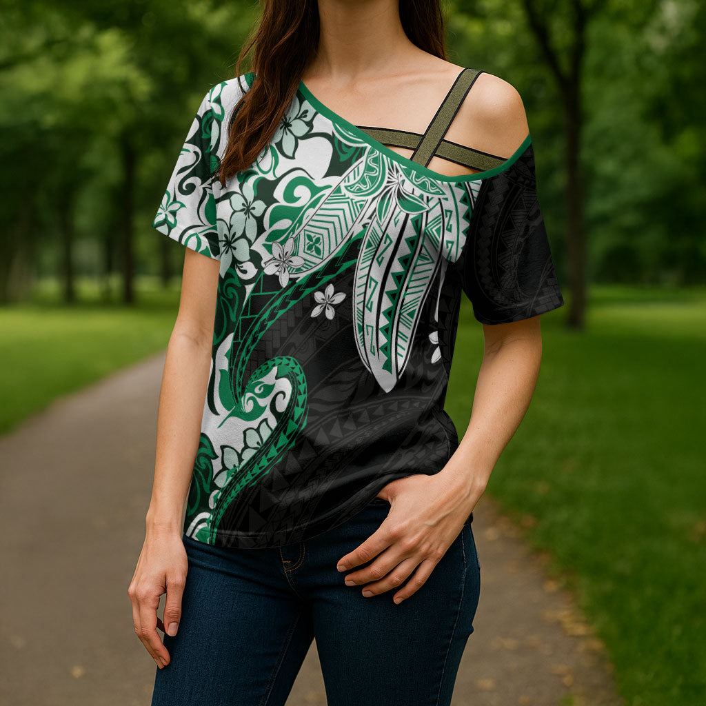 Monstera Plumeria Flowers Green Cross Shoulder Shirt Polynesian Pattern
