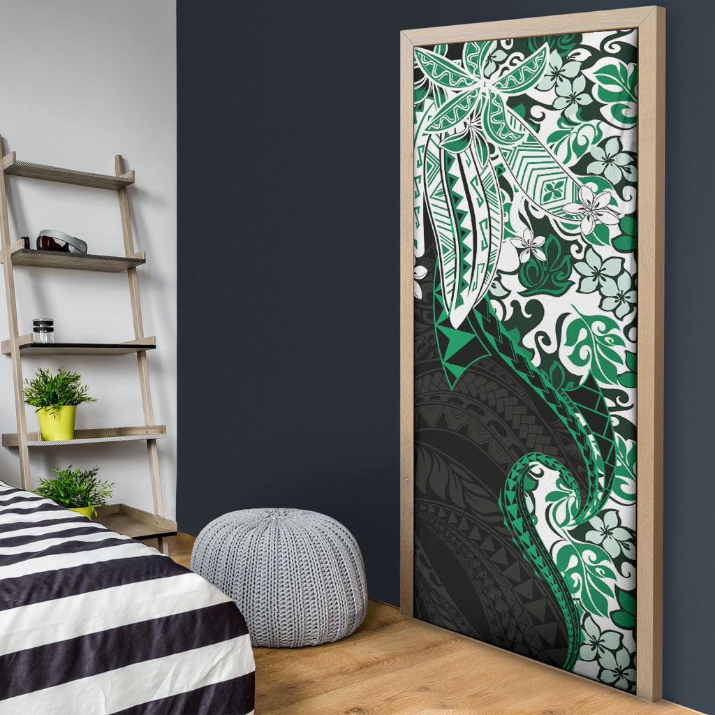 Monstera Plumeria Flowers Green Door Cover Polynesian Pattern