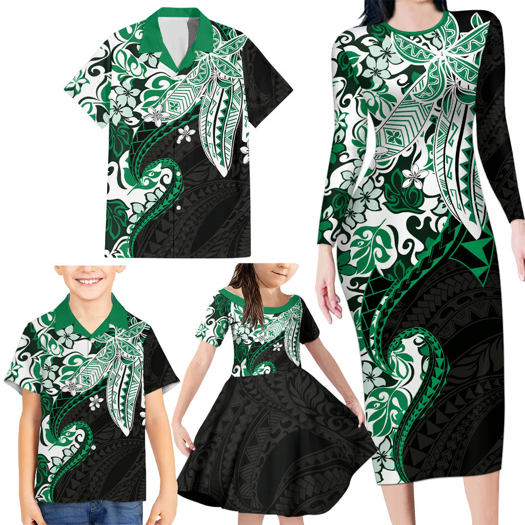 Monstera Plumeria Flowers Green Family Matching Long Sleeve Bodycon Dress and Hawaiian Shirt Polynesian Pattern