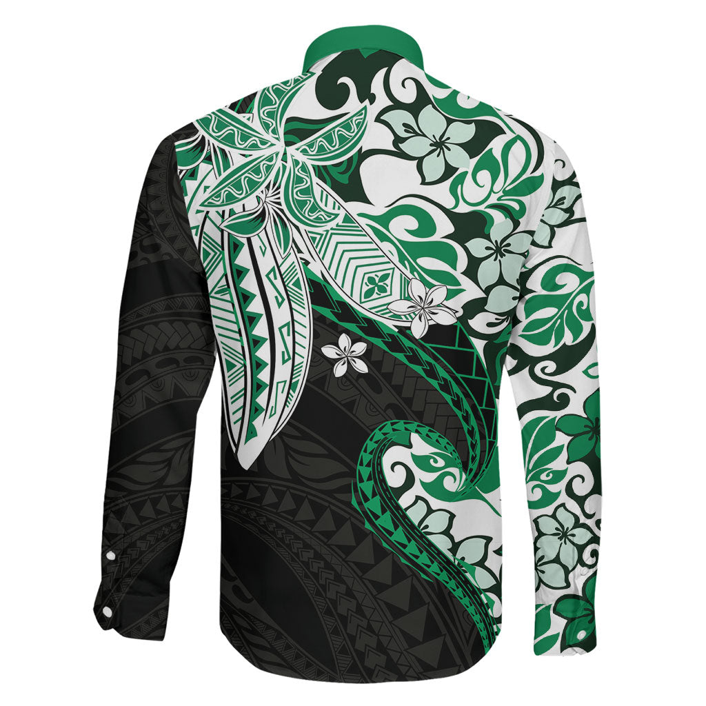 Monstera Plumeria Flowers Green Family Matching Long Sleeve Bodycon Dress and Hawaiian Shirt Polynesian Pattern