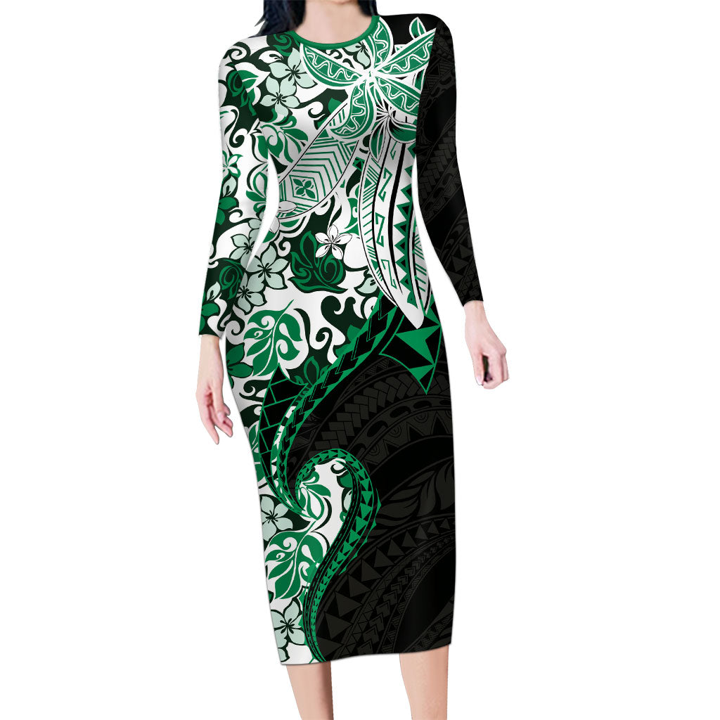 Monstera Plumeria Flowers Green Family Matching Long Sleeve Bodycon Dress and Hawaiian Shirt Polynesian Pattern