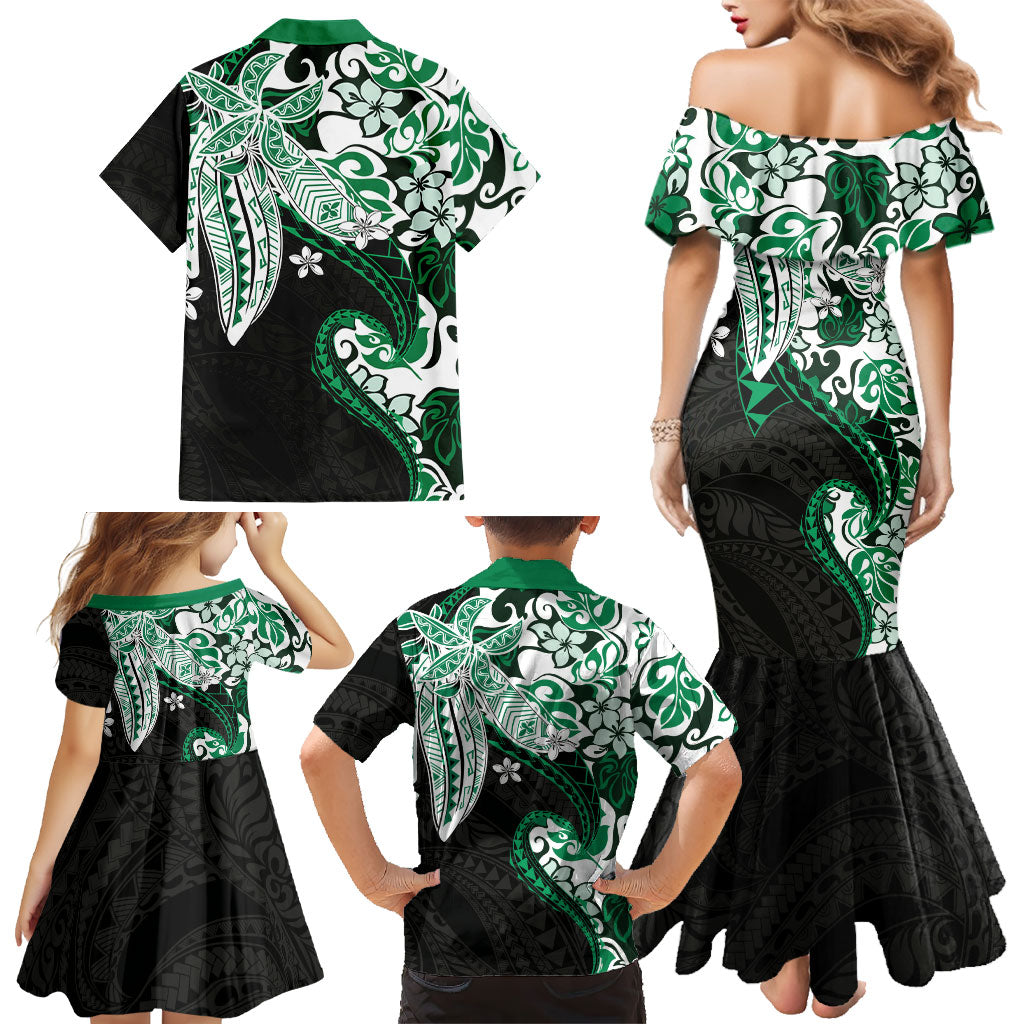 Monstera Plumeria Flowers Green Family Matching Mermaid Dress and Hawaiian Shirt Polynesian Pattern