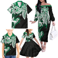 Monstera Plumeria Flowers Green Family Matching Off The Shoulder Long Sleeve Dress and Hawaiian Shirt Polynesian Pattern