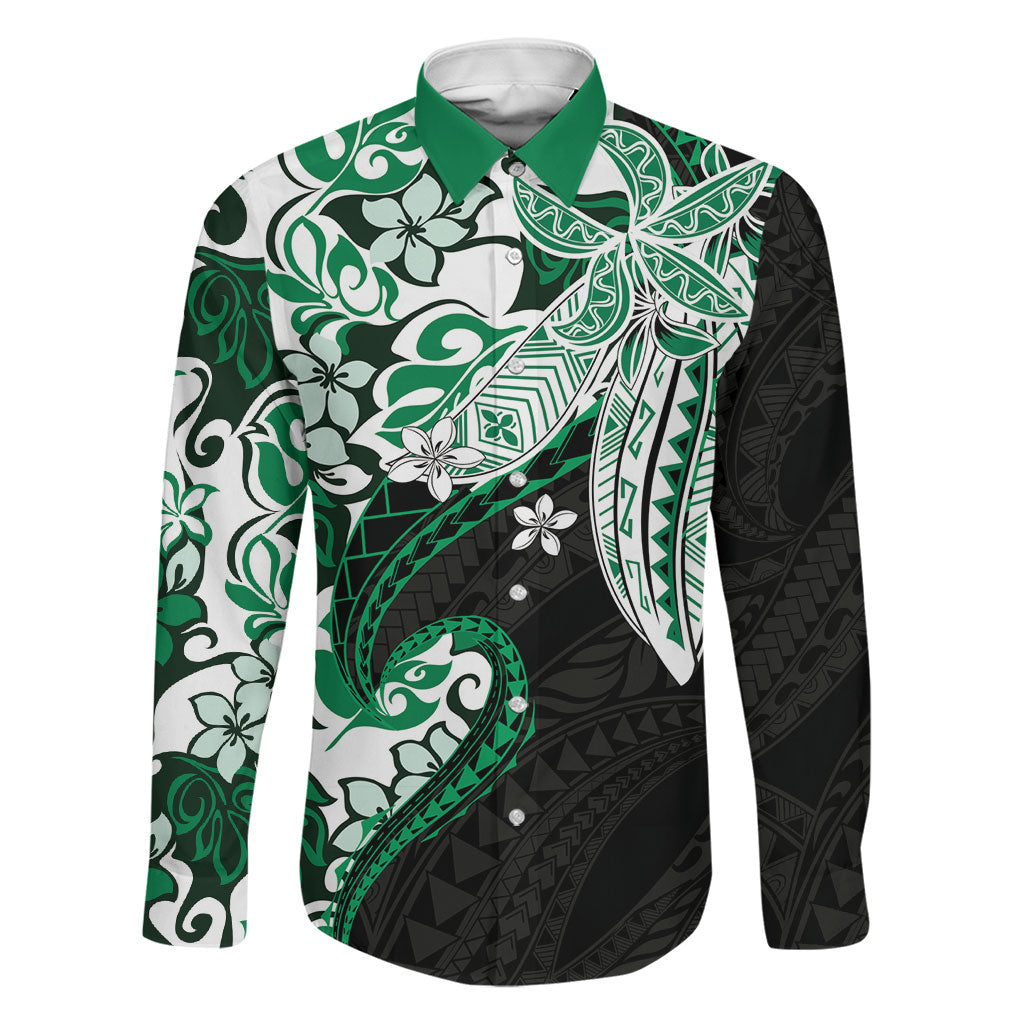 Monstera Plumeria Flowers Green Family Matching Off The Shoulder Long Sleeve Dress and Hawaiian Shirt Polynesian Pattern