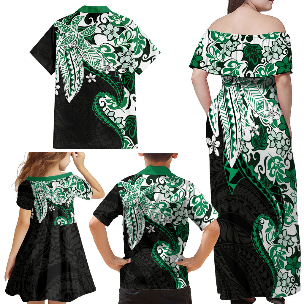 Monstera Plumeria Flowers Green Family Matching Off Shoulder Maxi Dress and Hawaiian Shirt Polynesian Pattern