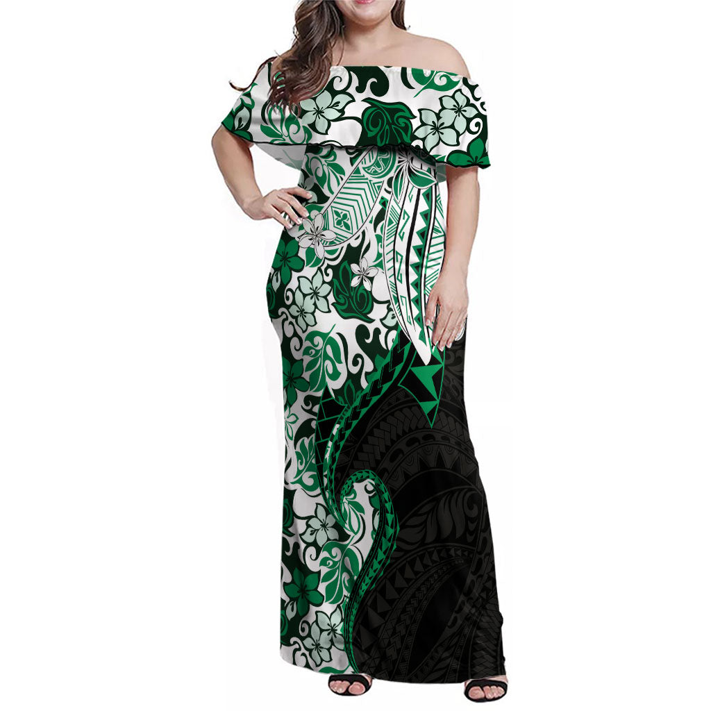 Monstera Plumeria Flowers Green Family Matching Off Shoulder Maxi Dress and Hawaiian Shirt Polynesian Pattern
