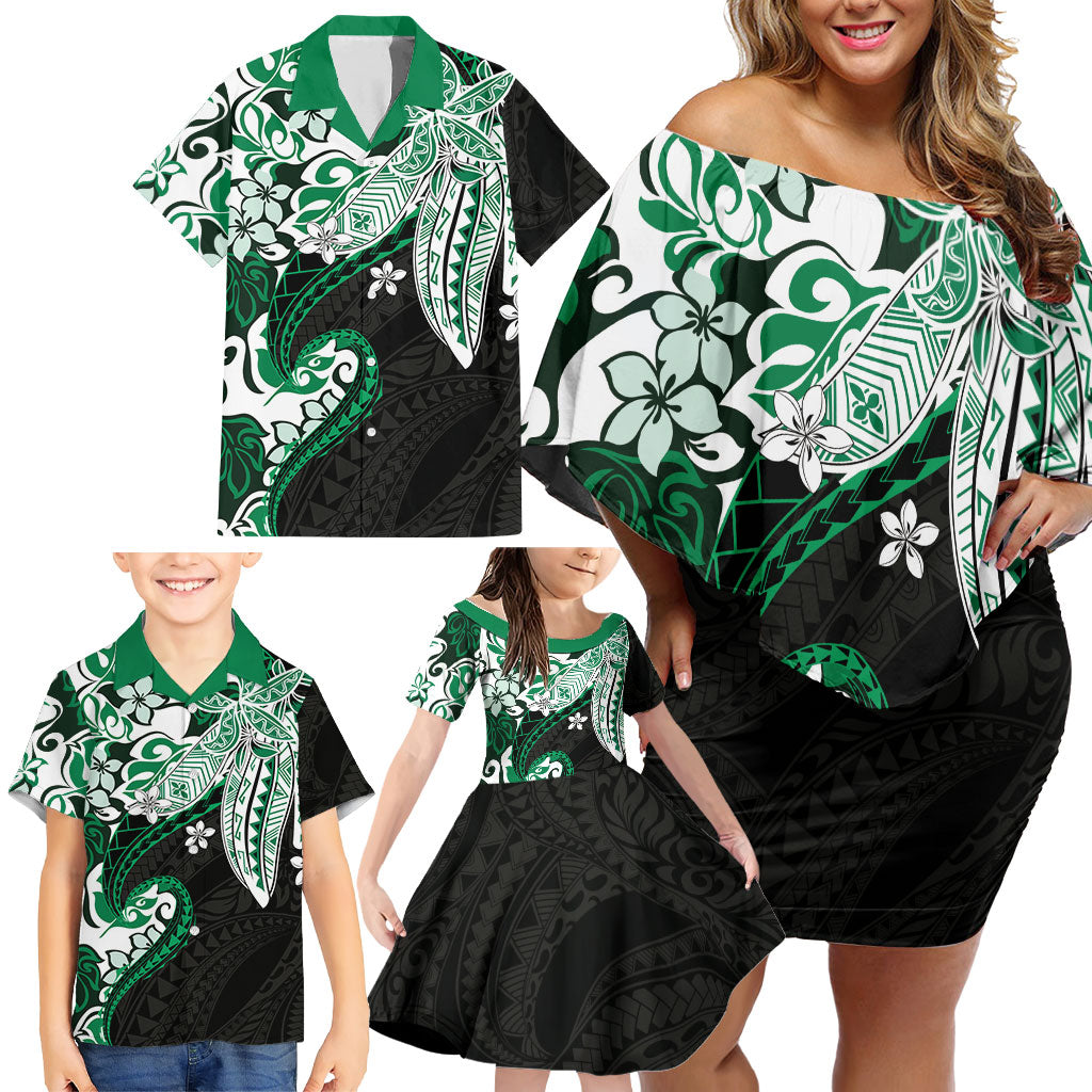 Monstera Plumeria Flowers Green Family Matching Off Shoulder Short Dress and Hawaiian Shirt Polynesian Pattern