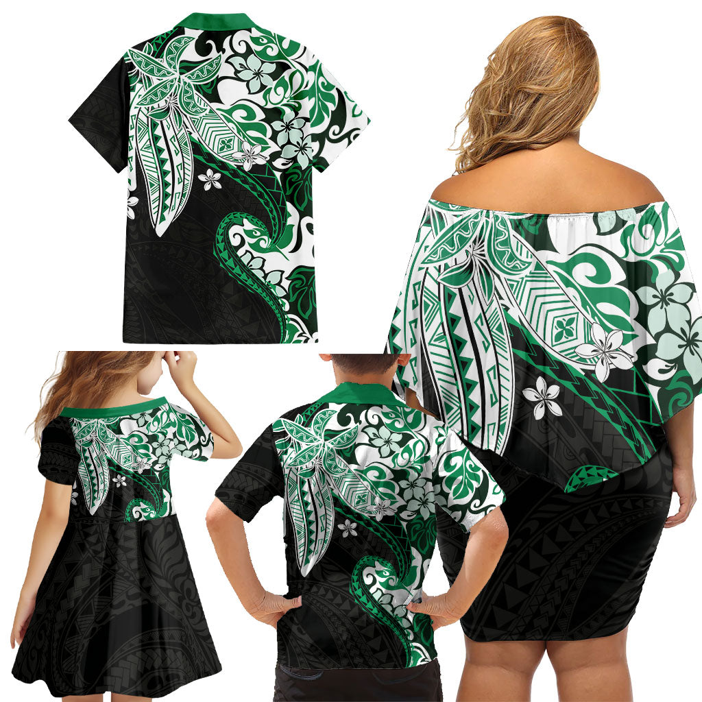 Monstera Plumeria Flowers Green Family Matching Off Shoulder Short Dress and Hawaiian Shirt Polynesian Pattern