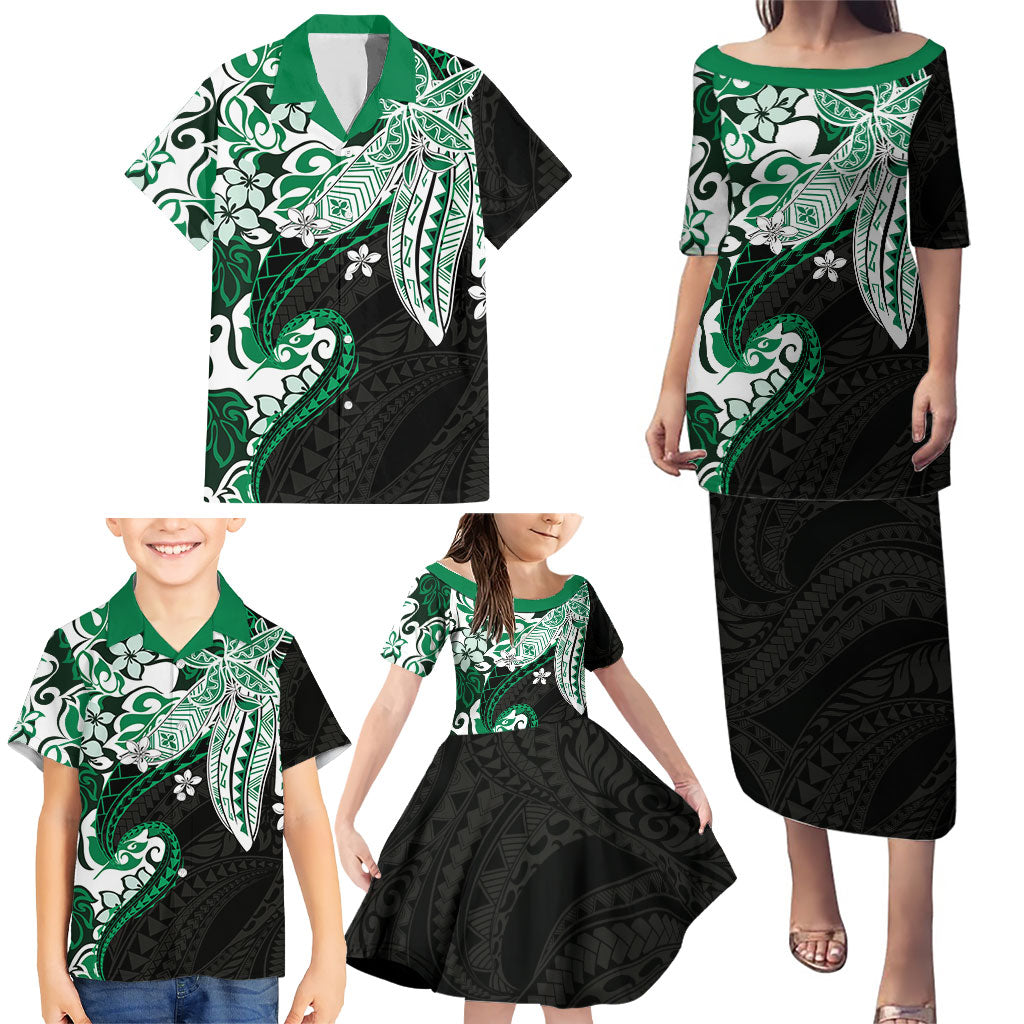 Monstera Plumeria Flowers Green Family Matching Puletasi and Hawaiian Shirt Polynesian Pattern