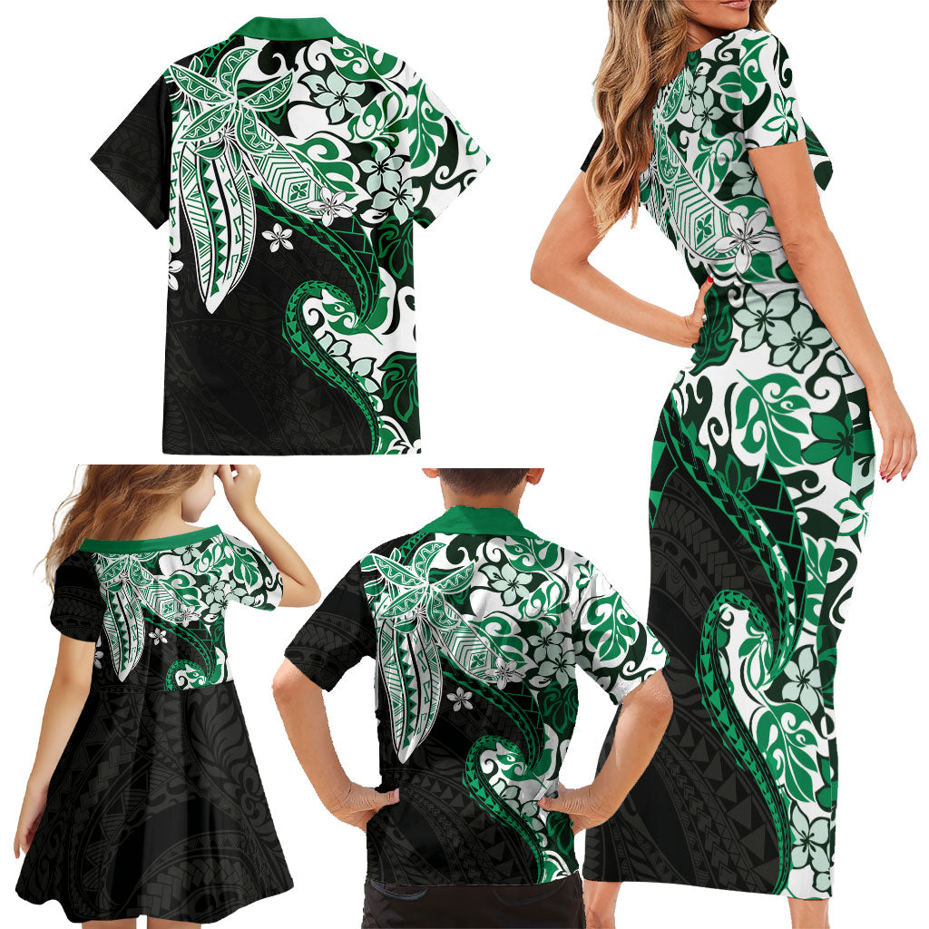 Monstera Plumeria Flowers Green Family Matching Short Sleeve Bodycon Dress and Hawaiian Shirt Polynesian Pattern