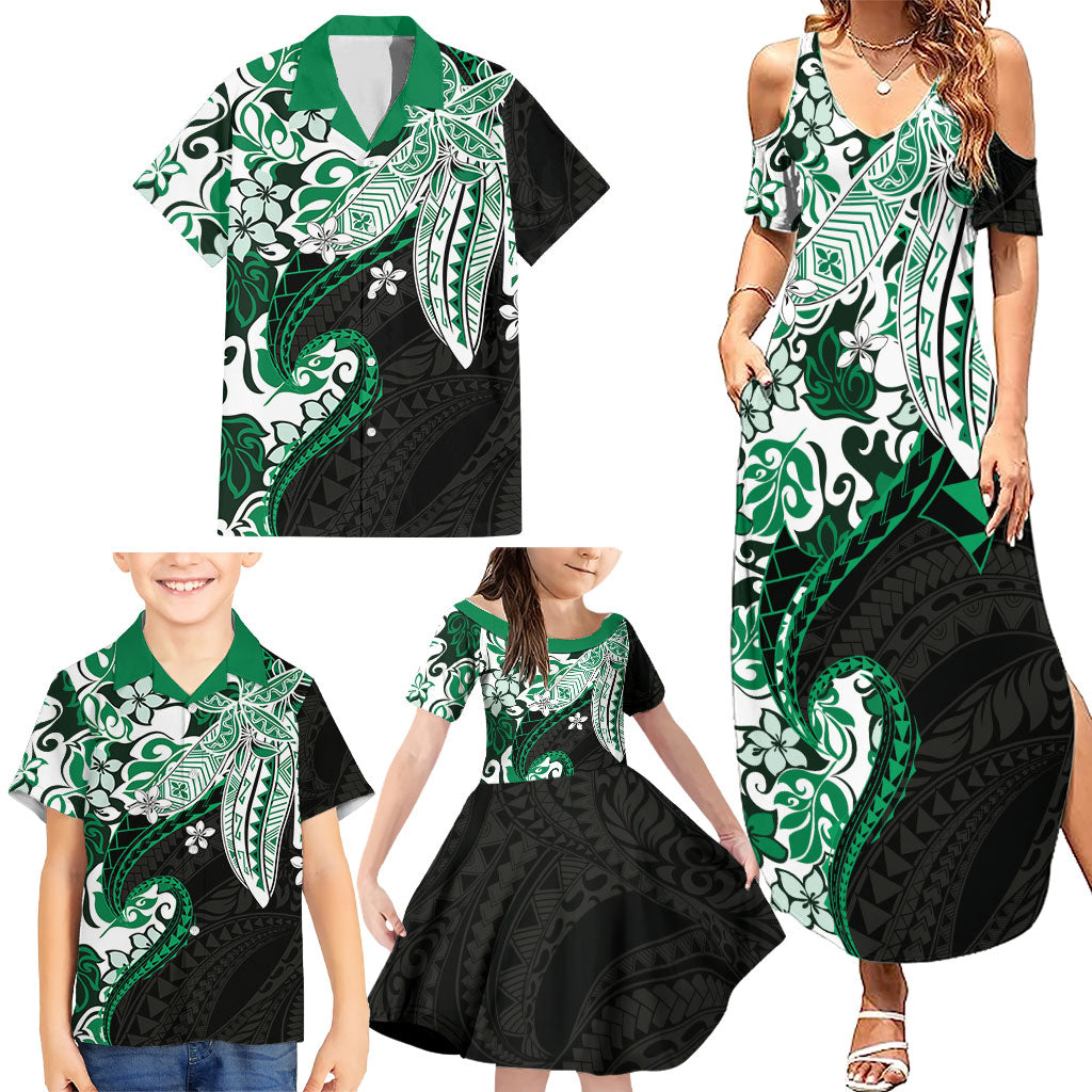 Monstera Plumeria Flowers Green Family Matching Summer Maxi Dress and Hawaiian Shirt Polynesian Pattern