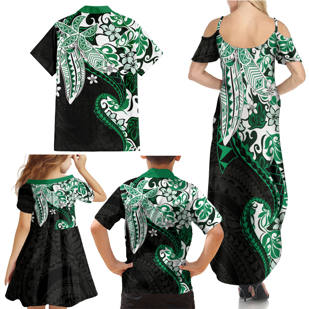 Monstera Plumeria Flowers Green Family Matching Summer Maxi Dress and Hawaiian Shirt Polynesian Pattern