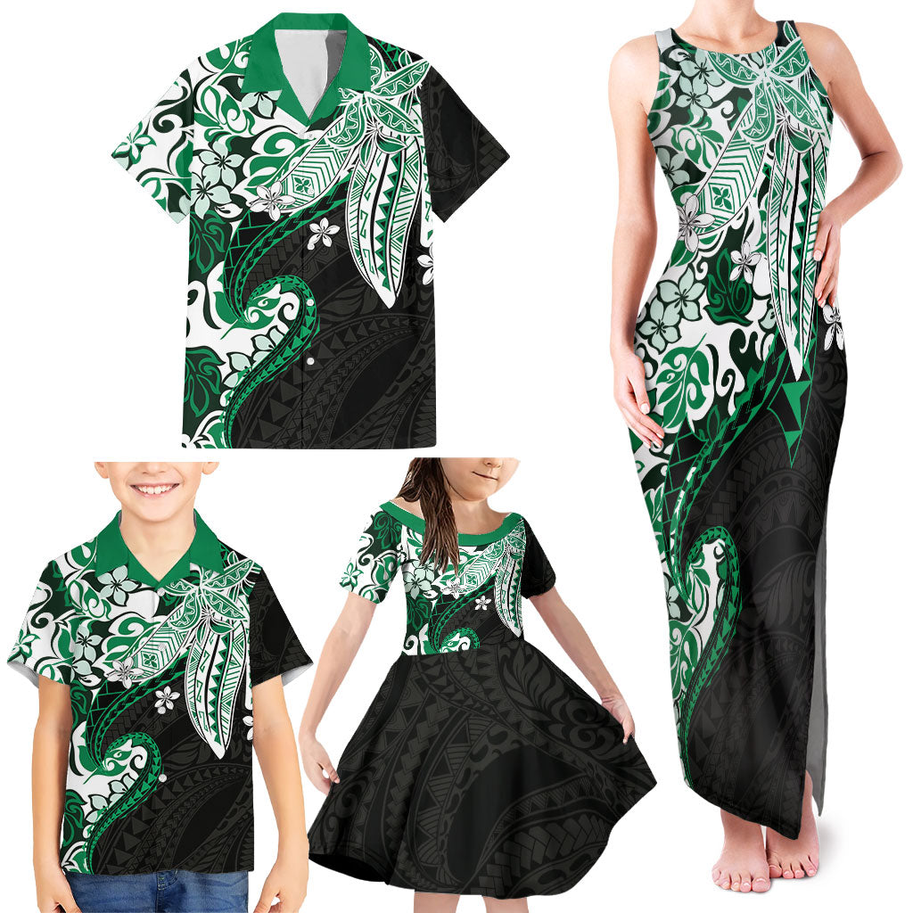 Monstera Plumeria Flowers Green Family Matching Tank Maxi Dress and Hawaiian Shirt Polynesian Pattern