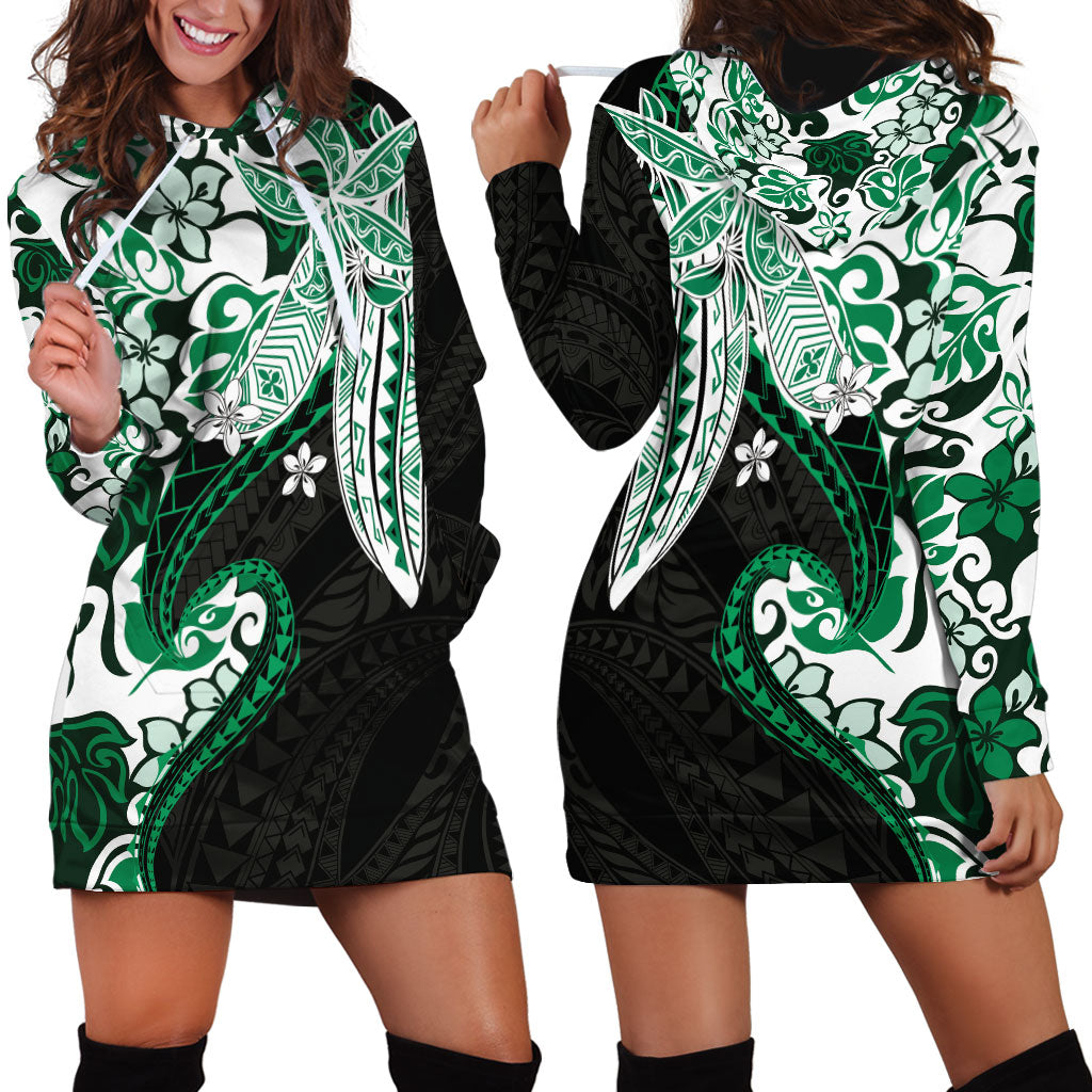 Monstera Plumeria Flowers Green Hoodie Dress Polynesian Pattern