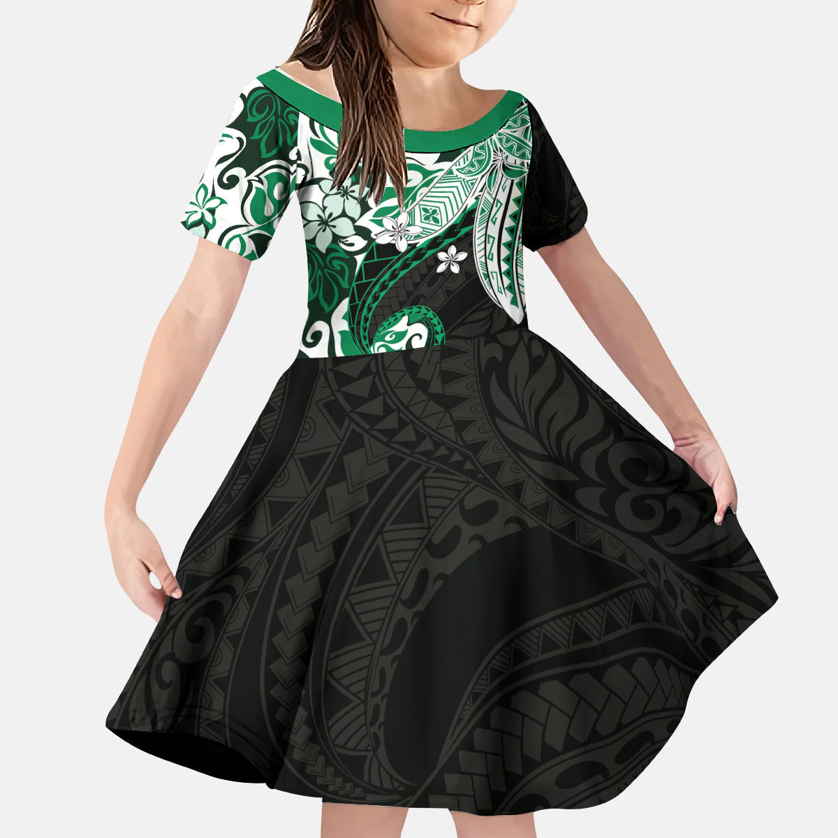 Monstera Plumeria Flowers Green Kid Short Sleeve Dress Polynesian Pattern