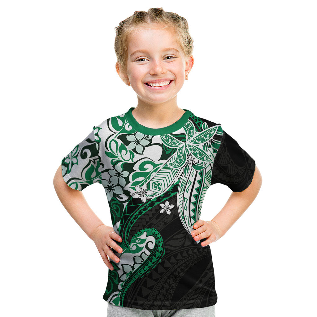 Monstera Plumeria Flowers Green Kid T Shirt Polynesian Pattern