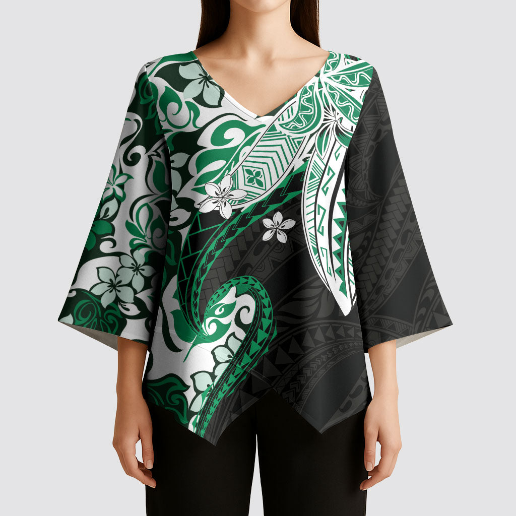 Monstera Plumeria Flowers Green Kimono Sleeve Blouse Polynesian Pattern