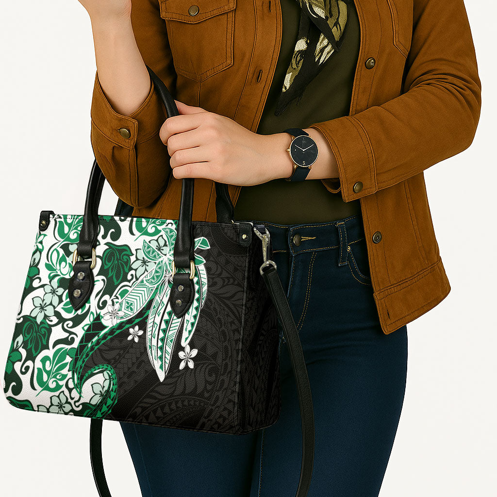 Monstera Plumeria Flowers Green Leather Bag Polynesian Pattern