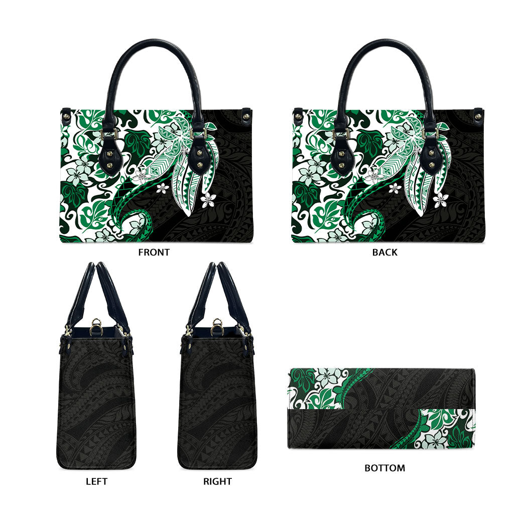Monstera Plumeria Flowers Green Leather Bag Polynesian Pattern
