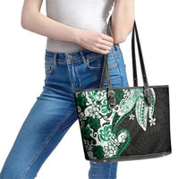 Monstera Plumeria Flowers Green Leather Tote Bag Polynesian Pattern