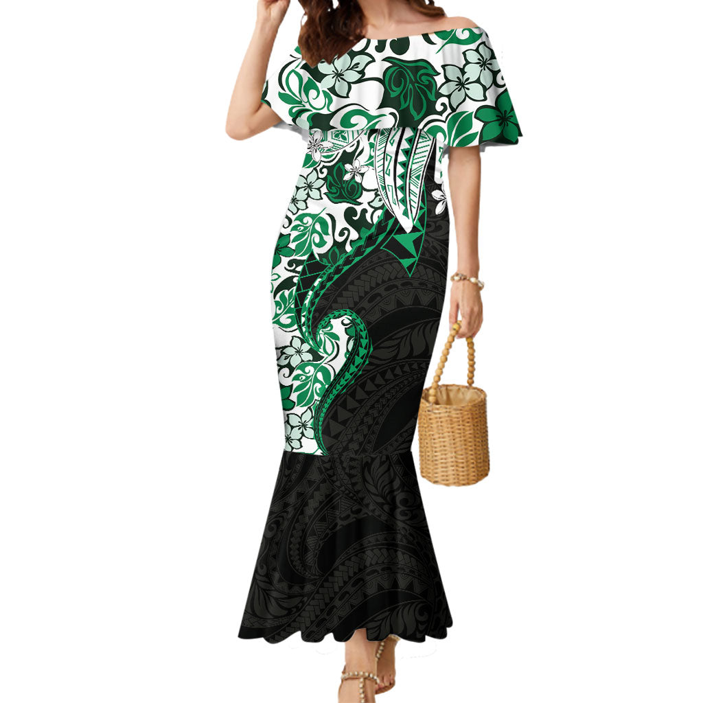 Monstera Plumeria Flowers Green Mermaid Dress Polynesian Pattern