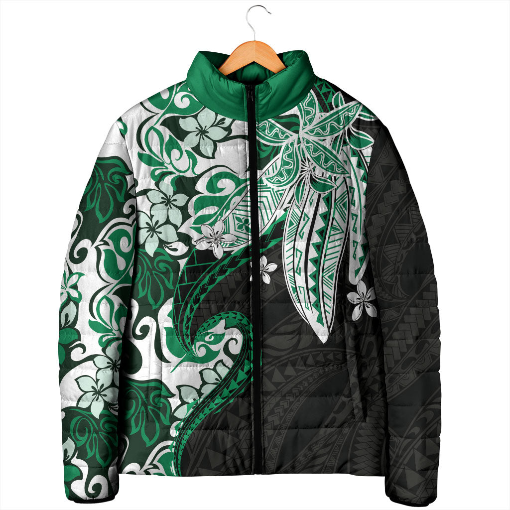 Monstera Plumeria Flowers Green Padded Jacket Polynesian Pattern
